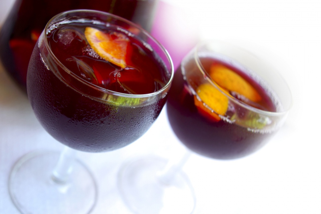 Two glass cups filled with fresh tasty sangria